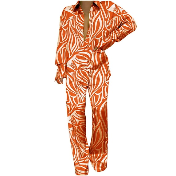 REORIAFEE Women 2 Piece Outfits Casual Summer Tracksuit 90s Outfit Fashion Women's Long Sleeve Casual Elastic Comfy Blouse Shirts Sets Orange S