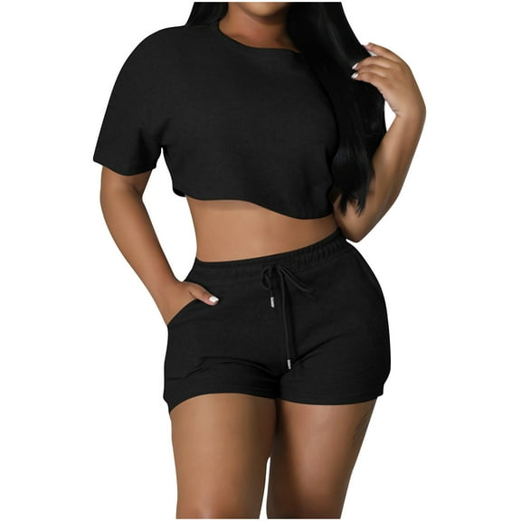 REORIAFEE Women 2 Piece Outfits Sets Golf Athletic Clubwear Disco Outfit Fashion Women's Short Sleeve Round Neck Elastic Casual Blouse Shirts Sets Black L