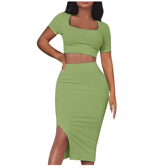 REORIAFEE Women 2 Piece Outfits Sexy Summer Club Two Piece Outfits 90s Outfit Fashion Summer Women Sexy Square Neck Casual Blouses Dresses Shirts Sets Green XL
