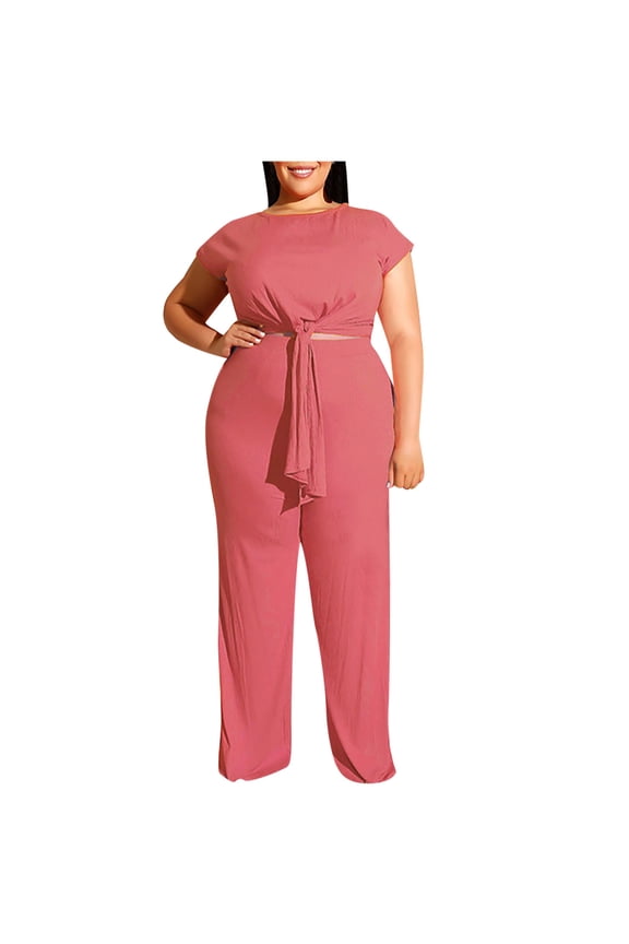 Women 2 Piece Sets Outfits Matching Sets Lounge Set Summer Vacation Going out Outfits Women's Plus Size Short Sleeve O Neck Bandage Pullover Tops + Long Pants Set Pink L