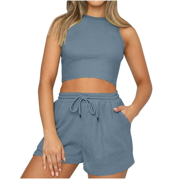 REORIAFEE Women 2 Piece Summer Sets Two Piece Outfits Disco Outfits Women's Fashion Shorts Two Piece Sleeveless Casual Suit Light Blue S