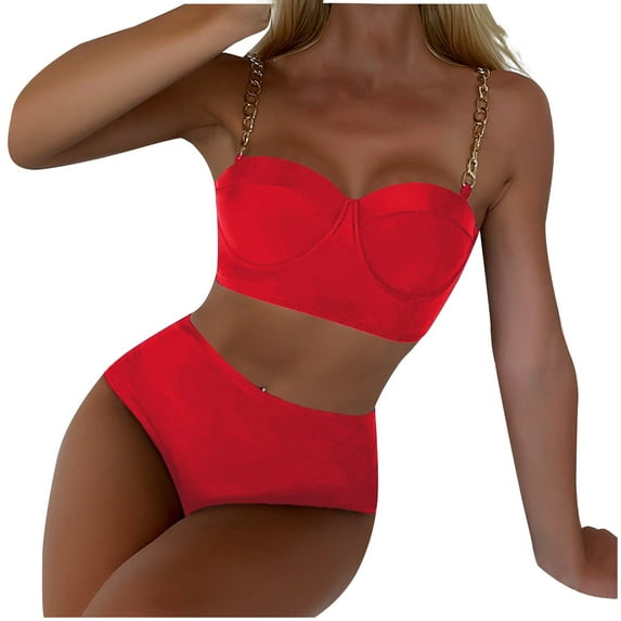 REORIAFEE Women Bikini Bathing Suit Bikini Swimsuit Tankini Fashionable Swimwear Suspender Chain High Waist Cover Swimsuit Red L