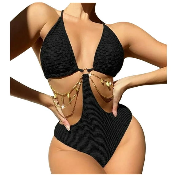 REORIAFEE Women Bikini Swimsuit Bathing Suit Fashionable Bikini Summer Halter High Waist Swimwear Black L