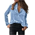 thumbnail image 1 of REORIAFEE Women Button Down V Neck Blouses Long Sleeve Solid Color Band Collar Pocket Shirts for Work Office Oversized Relaxed Fit Tops 2024 Clothing Trendy, 1 of 4