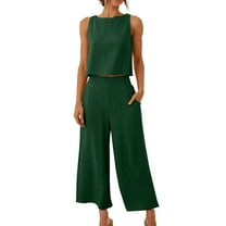 REORIAFEE Women Outfits Sets Casual Sexy 2 Piece Summer Outfits 2PC Round Neck Solid Sleeveless Blouse   Loose Pocket Pants Sets Green S