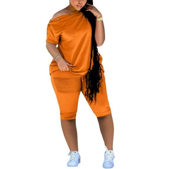 REORIAFEE Women Outfits Sets Summer Matching Set for Beach Cute Summer Outfits Women's Summer Fashion Casual Sexy Fashion Casual Breasted One Shoulder Loose Short Sleeve Shorts Suit Orange XXL