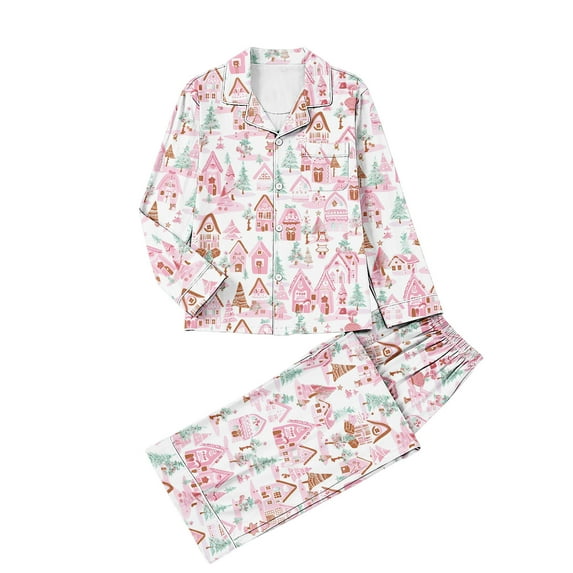 REORIAFEE Women Pj Sets Christmas 2 Piece Loungewear Long Sleeve Button down Shirts and Pant Santa Graphic Pajama Sleepwear Pink S-2XL