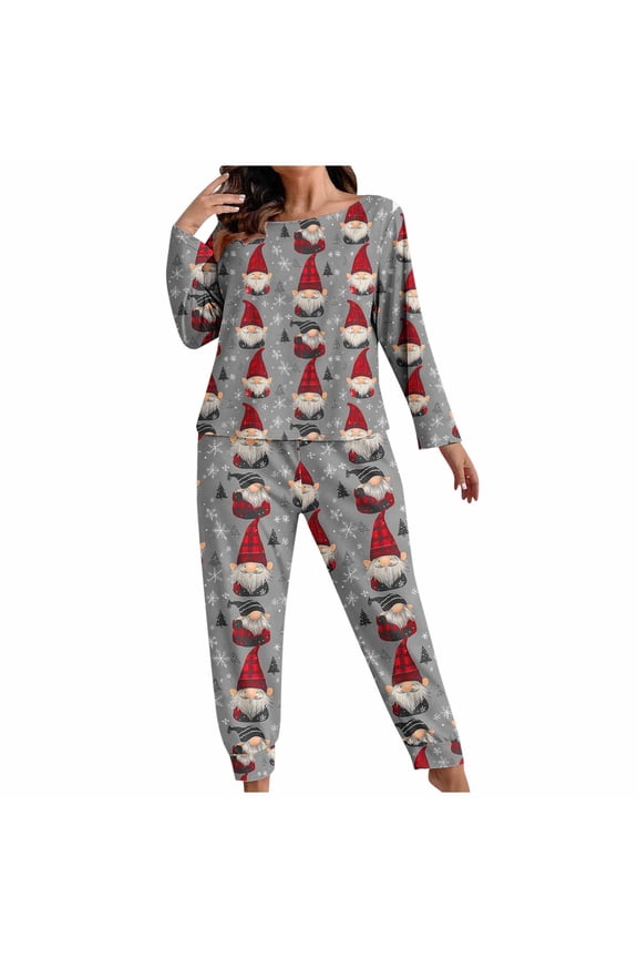 Women Pj Sets Christmas 2 Piece Plus Size Loungewear Long Sleeve Top and Jogger Santa Graphic Pajama Sleepwear Gray XL-5XL