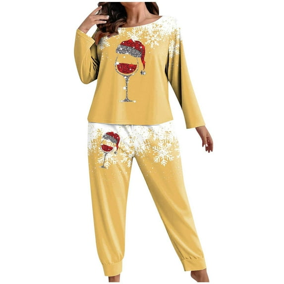REORIAFEE Women Pj Sets Christmas 2 Piece Plus Size Loungewear Long Sleeve Top and Jogger Snowflake Soft Pajama Sleepwear Yellow XL-5XL