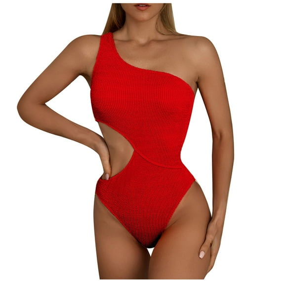 REORIAFEE Women Plus Size Bathing Suit One Piece Swimsuit Resort Wear Bikini Summer One Shoulder One Piece Bikini Set Red XL