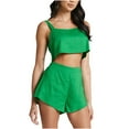 thumbnail image 1 of REORIAFEE Women Sets 2 Piece Outfits Summer Disco Outfit 2023 Women's Fashion 2 Piece Outfits Linen Sleeveless Crop Top Shorts High Waist Set Pockets Green L, 1 of 7