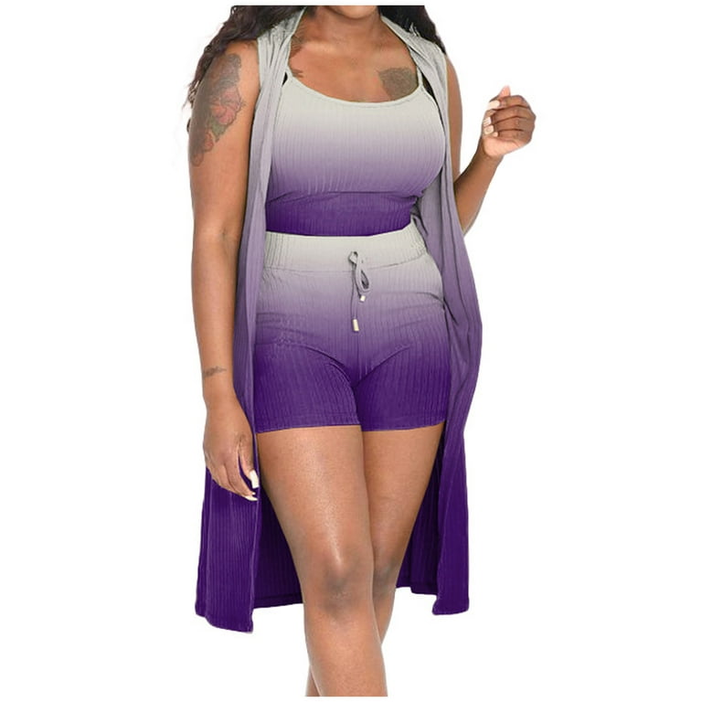 REORIAFEE Women Sets Cute Summer Outfits Fashion Women Casual Gradient  Sleeveless Camisole Round Neck Tops Collar Short Pants Three Piece Sets  Purple XL 