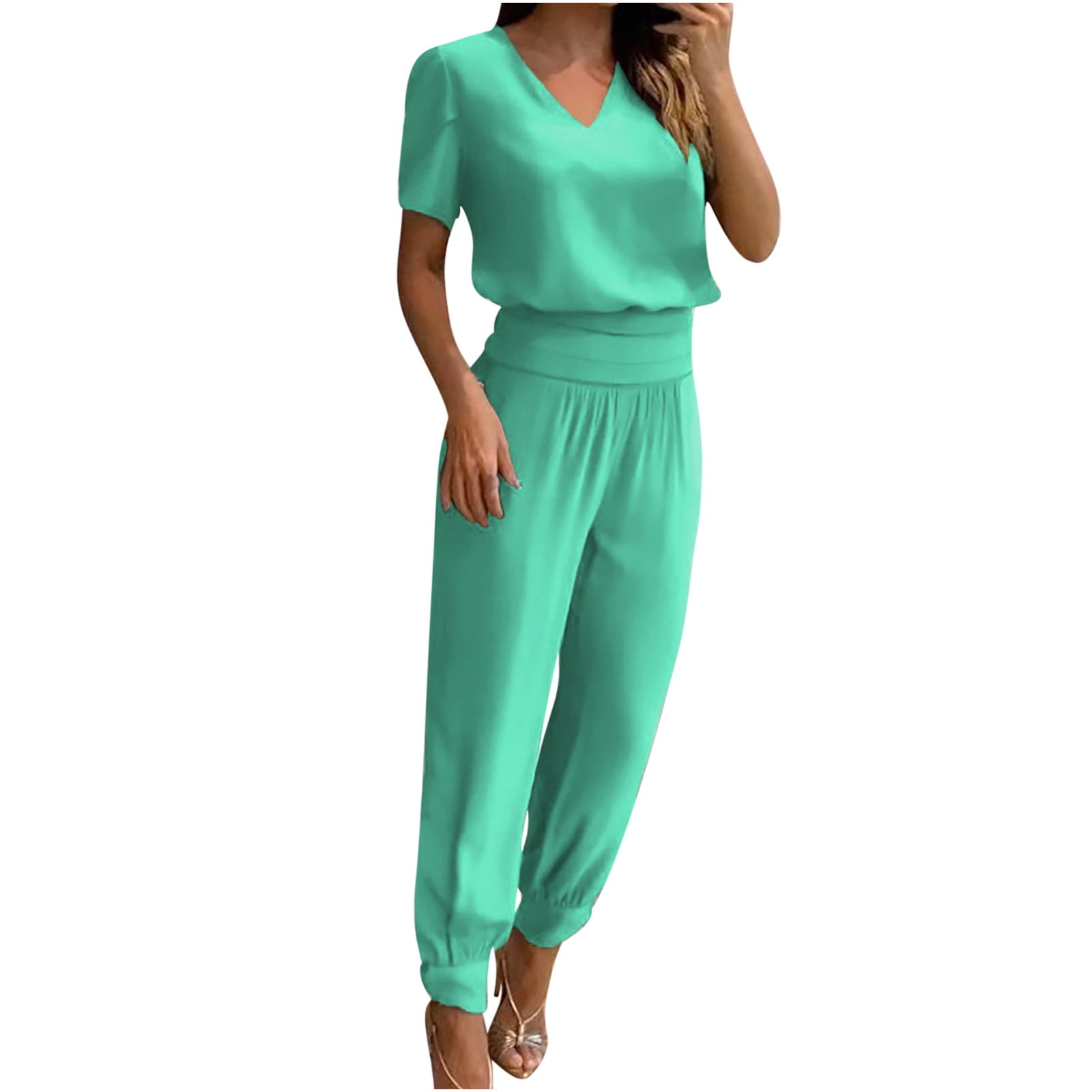 REORIAFEE Women Sets Outfits Summer 80s Outfit Fashion Women Round Neck  Short Sleeve Blouse + Loose Pockets Pants Sets Green XL