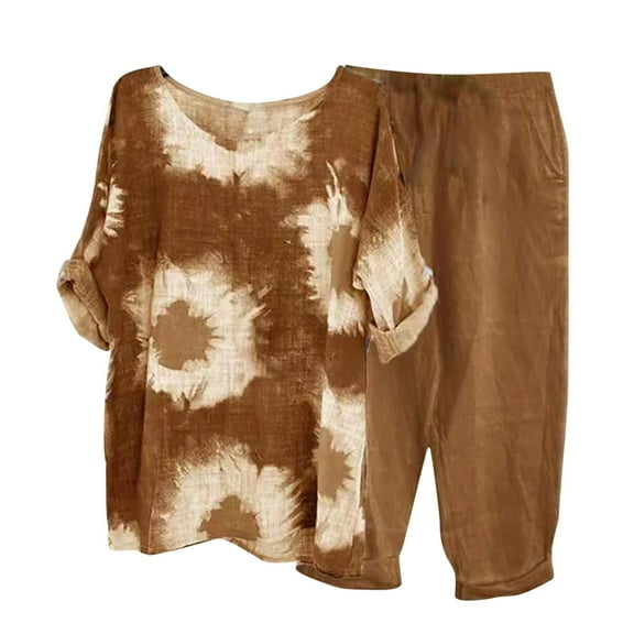 REORIAFEE Women Sexy 2 Piece Outfits Sets Gym Sets Women's Summer Print Set Short Sleeve Round Neck Tops + Double Pocket Pants Set Coffee XXXXL