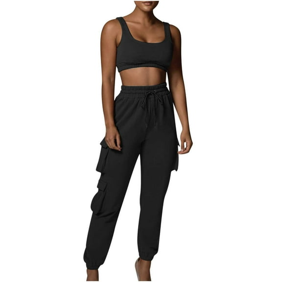 REORIAFEE Women Sexy Outfits Sets Festival Outfits Women Casual Summer Round Neck Sleeveless Tops Long Pants Suit Black L