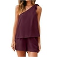 thumbnail image 1 of REORIAFEE Women Summer Outfits Plus Size Casual Matching Lounge Set Disco Outfits Women Casual Summer Short One Shoulder Sleeveless Tops Shorts Two Pieces Set Suit Wine XL, 1 of 7