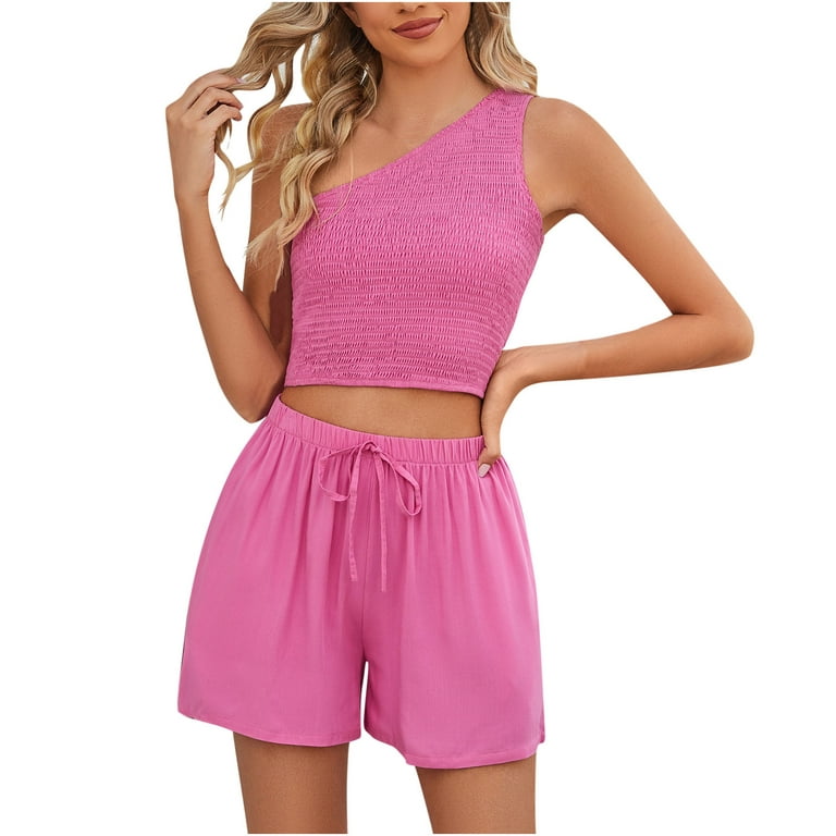 REORIAFEE Women Summer Outfits Summer Set Summer Suit Vest Casual Short  Sleeveless Cropped Fashion Body Women Clothing Pink S 