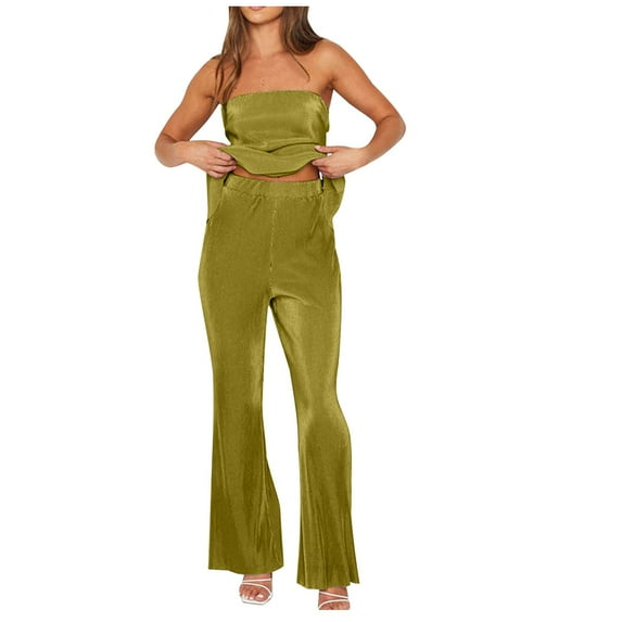 REORIAFEE Women Summer Set Outfits Y2k Streetwear Cute Summer Outfits Women's Spring Summer Slim Sexy Strapless Top Casual Trousers Top Shirt Suit Green L