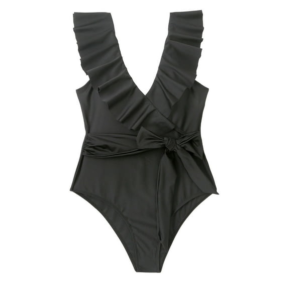 REORIAFEE Women Swimwear Swimsuit Bathing Suit Athletic Tankini Set Tropical Beachwear Lace Ruffle Swimsuit Black L