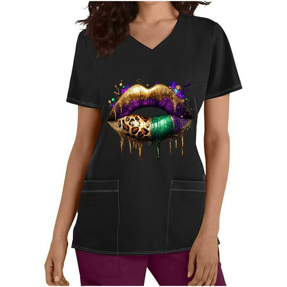 REORIAFEE Women Tshirts Graphic Mardi Gras Short Sleeve Shirts Crew Neck Carnival Fancy Tees Theme Party Fashion Tops Loose Blouse Black M
