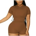 thumbnail image 1 of REORIAFEE Women Two Piece Outfit Summer Workout Set Disco Outfits Women's Fashion Fashion Sporty Wind Short Sleeve Shorts Two Piece Set Suit Brown L, 1 of 6