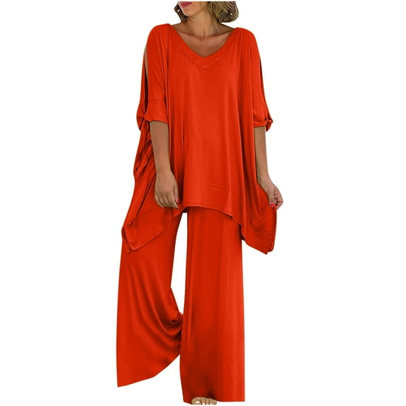 REORIAFEE Women Two Piece Outfits Sets Summer Cotton Linen Short Sleeve T Shirts and Wide Leg Pants Solid Color Suits Graduation Suit Orange 3XL