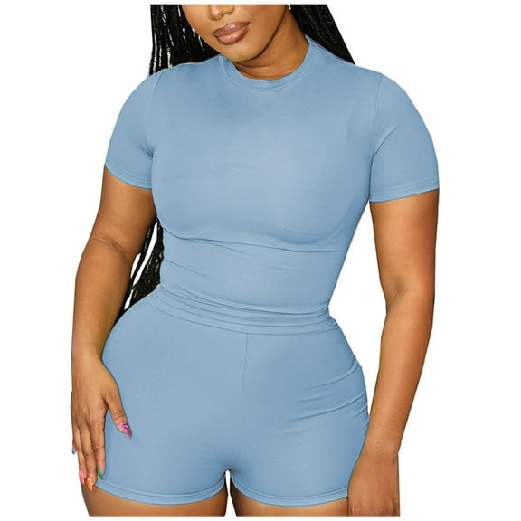 REORIAFEE Women Two Pieces Outfits Set Lounge Sets Beach Outfit Women's Fashion Fashion Sporty Wind Short Sleeve Shorts Two Piece Set Suit Blue L