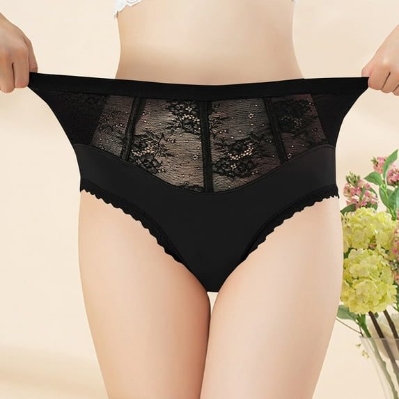 REORIAFEE Women Underwear Panties Mid Waist Lace Briefs Strech Breathable Panties Soft Comfy Underwear Lingerie Black S