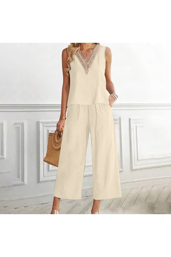 Women Vacation Outfits Summer Outfits 2 Piece Set 2PC V Neck Solid Sleeveless Top + Loose Pocket Pants Suit Beige XL