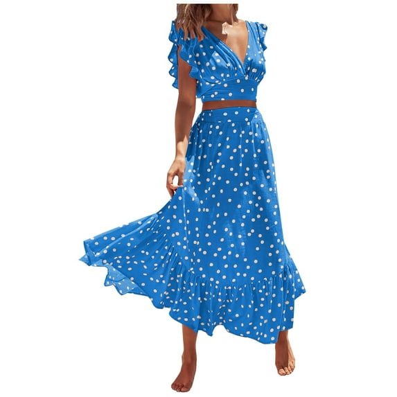 REORIAFEE Women Y2k 2 Piece Sets Slim Fit Summer Clubwear Workout Sets Fashion Women Summer Floral Print Casual Short Sleeve Top + Skirt Set Blue S