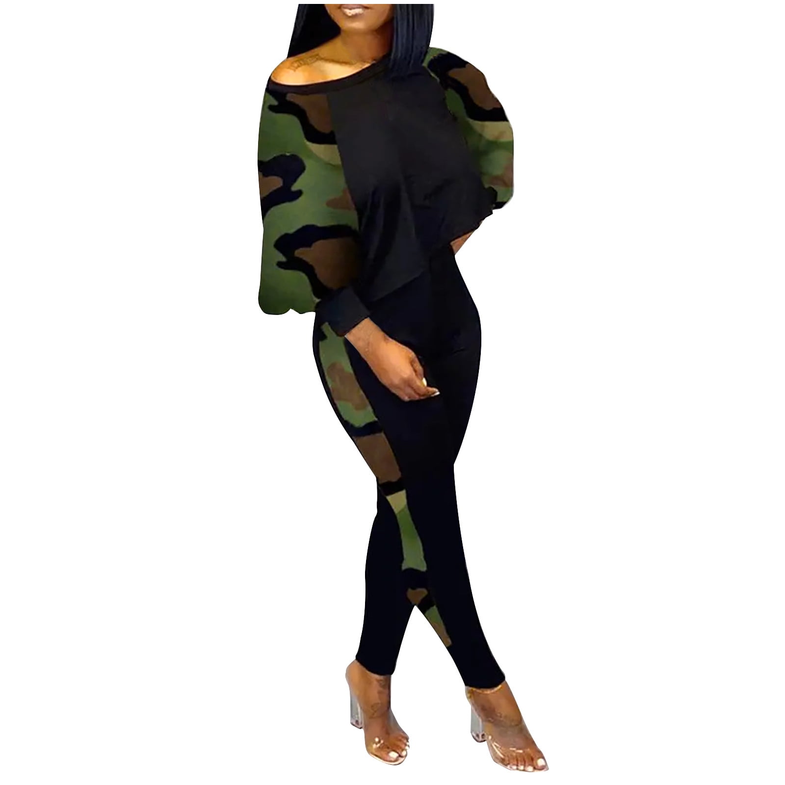 REORIAFEE Women's 2 Piece Casual Tracksuit Outfit Sets Country Concert  Outfit Women's Fashion Spring Summer Print Casual Round Neck Top + Pants  Two Piece Set Army Green L 
