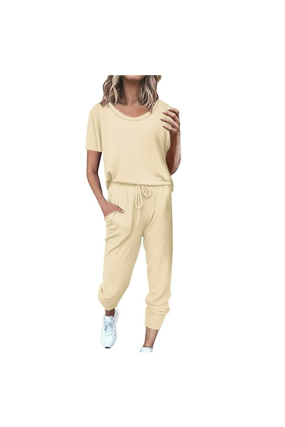 Women's 2 Piece Outfit Summer Sets Spring Outfits Casual Fashion Women Summer Button Casual Short Sleeve Top + Pant Set Beige L