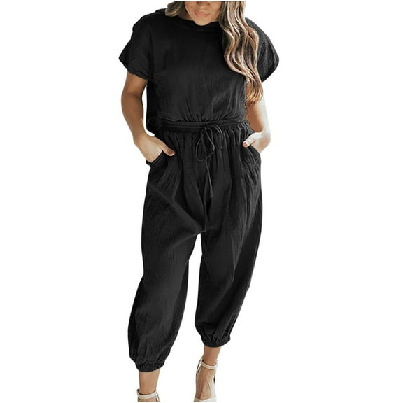 REORIAFEE Women's 2 Piece Tracksuit Casual Set Jogger Outfits Vacation Outfits Women's Two Piece Cotton Linen Short Sleeve Round Neck Tops Pants Set Black XXL