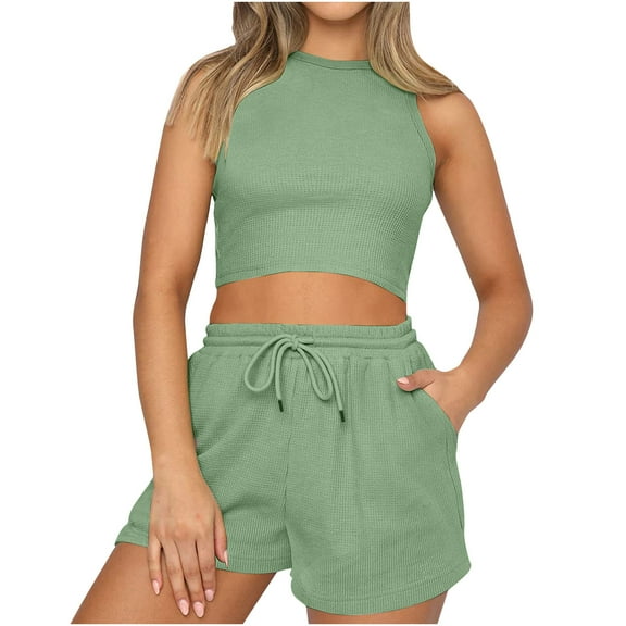 REORIAFEE Women's Casual 2 Piece Outfits Lounge Suit Gym Set Women's Fashion Shorts Two Piece Sleeveless Casual Suit Green L