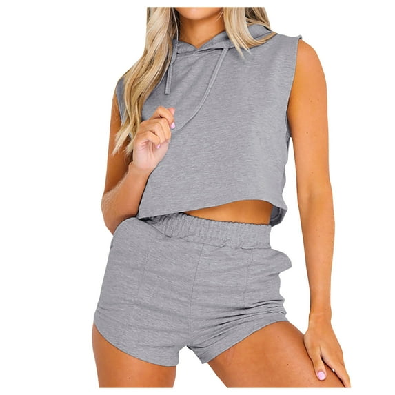 REORIAFEE Women's Casual Two Piece Outfits Track Suits 2 Piece Set Summer Outfit Women Casual Round Neck Hooded Vest Pocket Shorts Casual Two Piece Suit Gray XXL
