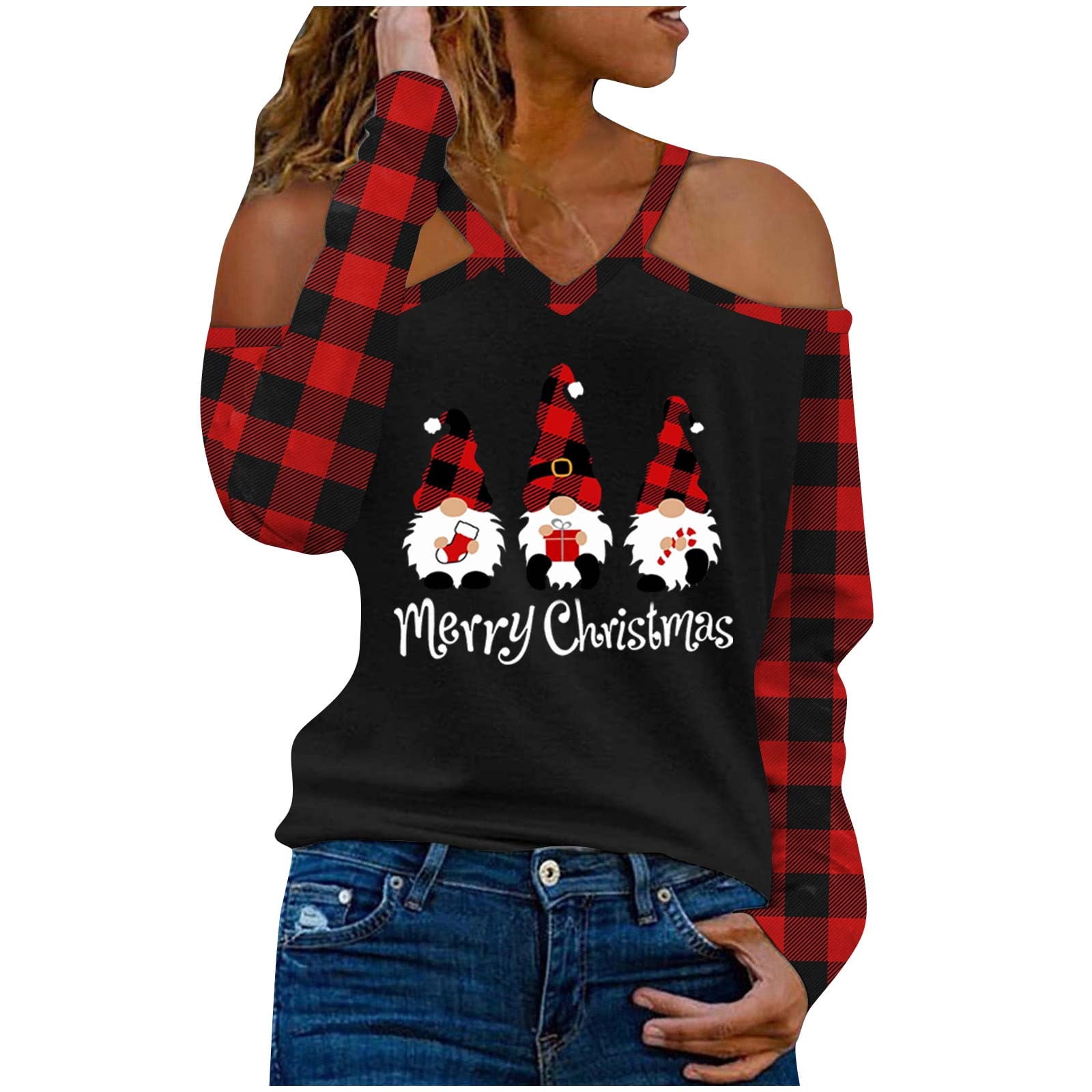 REORIAFEE Women's Christmas TShirt Holiday Shirt Long Sleeve VNeck