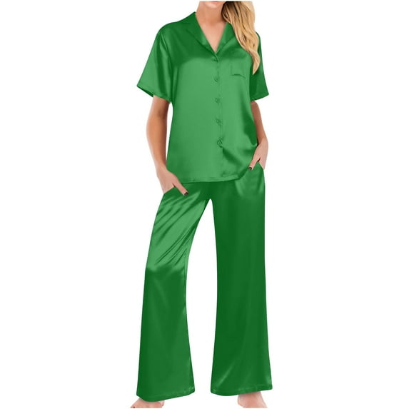 REORIAFEE Women's Classic Button Down Long Silk Satin Pajama Set 2 Piece Outfits Short Sleeve Crop Top And Wide Leg Pants Set With Pockets Solid Color Loungewear Sleepwear Size S 2XL