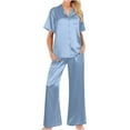 thumbnail image 1 of REORIAFEE Women's Classic Button Down Long Silk Satin Pajama Set 2 Piece Outfits Short Sleeve Crop Top And Wide Leg Pants Set With Pockets Solid Color Loungewear Sleepwear Size S 2XL, 1 of 8