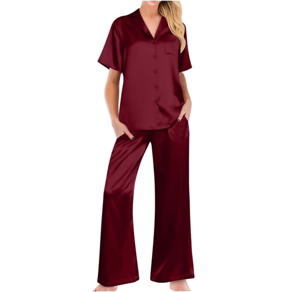 REORIAFEE Women's Classic Button Down Long Silk Satin Pajama Set 2 Piece Outfits Short Sleeve Crop Top And Wide Leg Pants Set With Pockets Solid Color Loungewear Sleepwear Size S 2XL