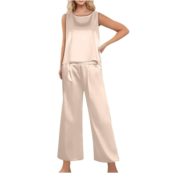 REORIAFEE Women's Classic Long Silk Satin Pajama Set 2 Piece Outfits Sleeveless Tank Crop Top And Wide Leg Pants Set With Pockets Solid Color Loungewear Sleepwear Size S 2XL