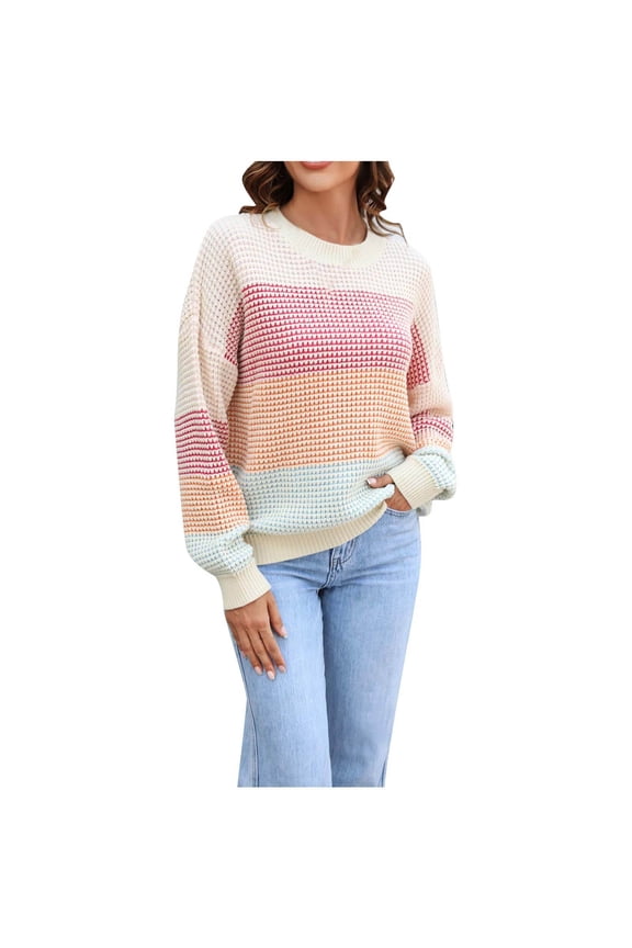 Women's Color Block Sweaters Long Sleeve Crew Neck Color Block Sweater Street Pullover Relaxed Pullover Women Sweaters Fall Clothes Beige M