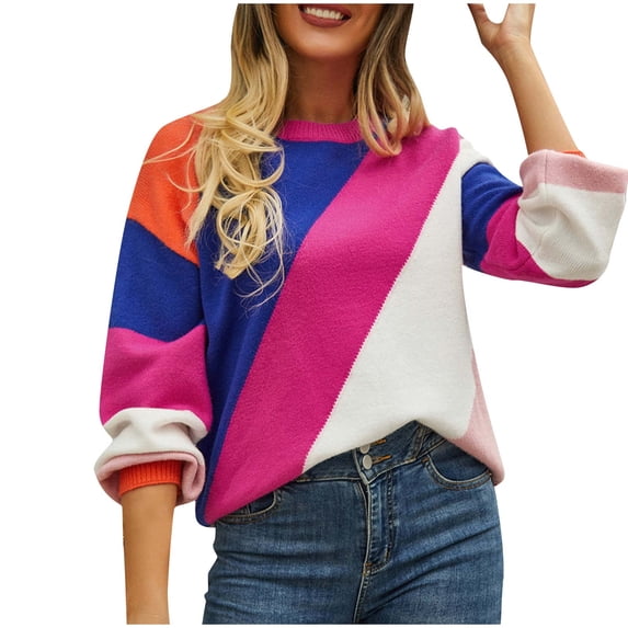 REORIAFEE Women's Color Block Sweaters Long Sleeve Round Neck Color Block Sweater Streetwear Pullover Classic Pullover Sweater for Women Comfy Sweater Hot Pink M