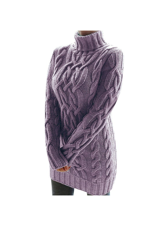 REORIAFEE Women's Long Sweaters Turtleneck Plus Size Cozy Cable Knit Tunic Sweater Tops Button Long Sleeve Knit Pullover Sweater Turtleneck Sweater Purple XXXL