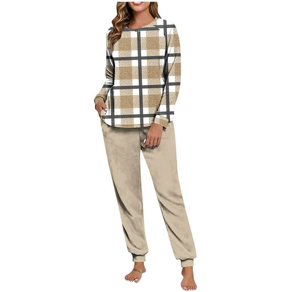 REORIAFEE Women's Lounge Sets with Pants 2 Piece Fleece Warm Pajama Long Sleeve Top and Jogger Plaid Soft Sleepwear Khaki S-2XL