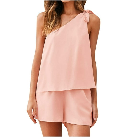 REORIAFEE Women's Outfits Set Casual Sweatsuits Active Tracksuit Workout Set Women Casual Summer Short One Shoulder Sleeveless Tops Shorts Two Pieces Set Suit Pink S