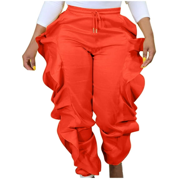 REORIAFEE Women's Pants with Drawstring Not Wide Leg Solid Print Palazzo Pants Wooden Trim Drawstring Casual Pants Lightweight Baggy Stretchy Trousers 2024 Trending Fashion Clothing