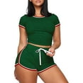 thumbnail image 1 of REORIAFEE Women's Plus Size Summer Outfits Sets Workout Sets Women's Summer Casual Patchwork Short Sleeve Shorts Two Piece Set Green M, 1 of 6
