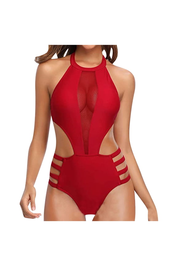 Women's Plus Size Swimsuits Fashionable Swimsuit Slim Net Yarn Hollow Out Bikini Set Red L