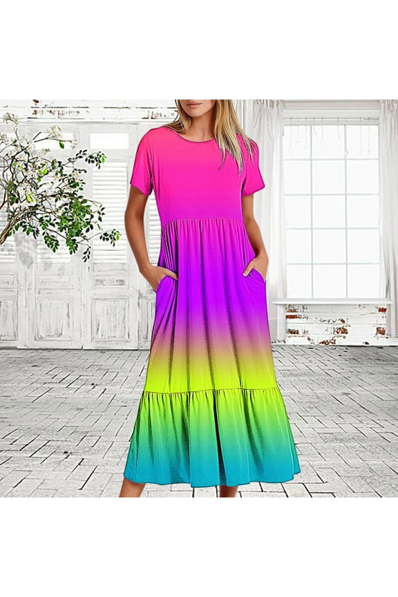 Women's Rainbow Gradient Maxi Dress with Pockets Short Sleeve Summer Beach Swing Dress Crew Neck High Waist Ruffle Tiered Midi Dresses Flowy Beach Sundress Multicolor XL