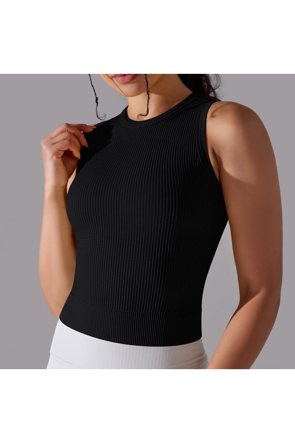 Women's Seamless Tank Sleeveless Shirts Workout Exercise Shirts Yoga Crop Tops Longline Sports Bra Built in Shelf Bra Wirefree Quick Drying Body Fitness Black L